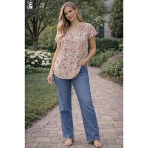 NEW Evri Tunic Top Blouse Womens 1X Floral Multi Smocked V Neck Boho Cottagecore